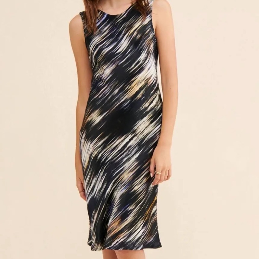 Drop back Abstract Midi Dress in Black and White with cream accent tones
